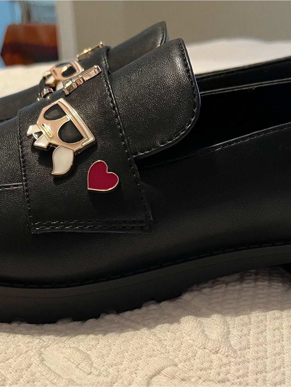 Karl Lagerfeld Black Leather Loafers with Gold & Enamel Charms - Picture 5 of 12